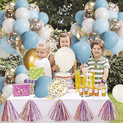 Image of 12 Inch 60pcs Dusty Blue Balloons White Sand Metallic Gold Confetti Party Balloons Light Baby Blue White Gold Latex Balloon for Boy Baby Shower Birthday Wedding Party Decoration