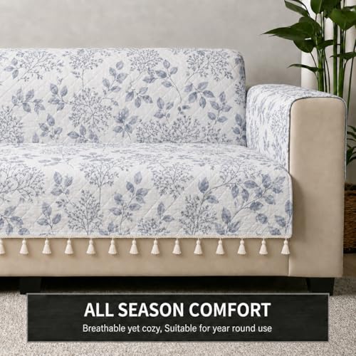 Image of STITCHNEST 'Frostvine Collection' 2 Seater Sofa Cover | Full Coverage with Armrest Pockets | Cotton Quilted Fabric, Decorative Tassels, Washable & Durable for Modern Living