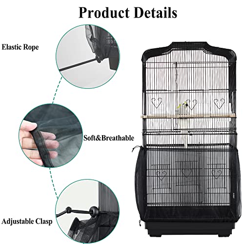 Image of ASOCEA Bird Cage Seed Catcher,Universal Bird Cage Cover Skirt,Adjustable Parakeet Cage Nylon Mesh Netting for Round Square Cages Prevent Scatter and Mess- Black 78.7Inch (Not Include Birdcage)
