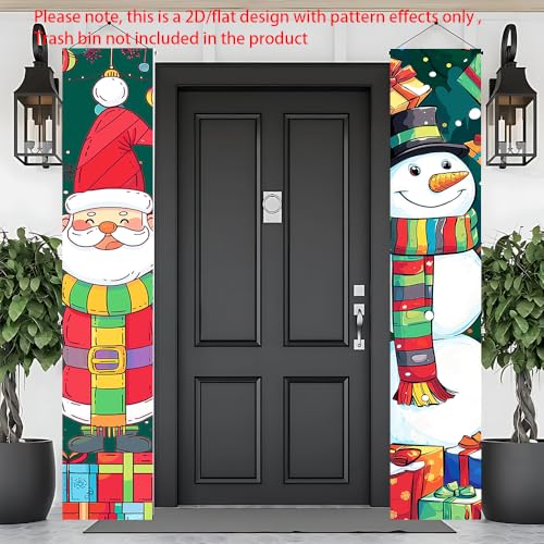 Image of Christmas Couplets Banner 71 x 12 Inches Santa and Snowman Cartoon Design with Gift Boxes and Ornaments Festive Vertical Door Hanging Decoration for Holiday Entryway Porch or Home Party Scene