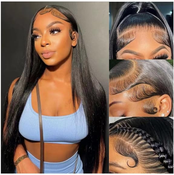 AIGOLQUEEN Pelucas de cabello humano lacio de 26 pulgadas con encaje frontal de 13 x 4 pulgadas, prearrancadas con abuelitos, pelucas de cabello