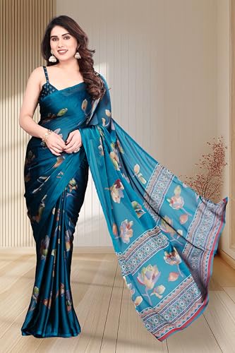 Image of SUPERLAXMI Women's Chiffon Floral Printed Saree with Blouse Piece