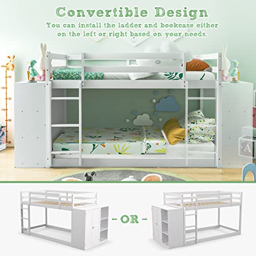 Giantex Twin Over Twin Bunk Bed With Storage Shelves, Solid Wood Bunk Bed Frame With Convertible Bookcase & Ladder, Floor Low Bunk Bed With High Guardrails For Kids Teens, No Box Spring Needed, White #TOP4