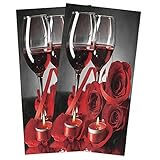 Valentines Kitchen Towels Set Red Wine Roses Valentine's Day Dish Towel Elegent Floral Black Romanti