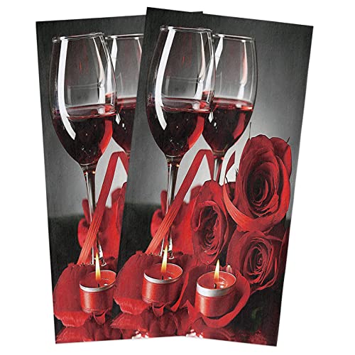 Valentines Kitchen Towels Set Red Wine Roses Valentine's Day Dish Towel Elegent Floral Black Romantic Dishcloths 2 Pack,18X28 Inches Absorbent Soft Cotton Dish Cloths Bar Towels & Tea Towels #TOP6
