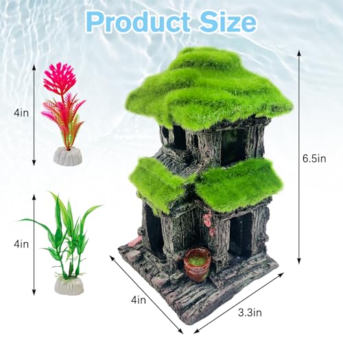 Image of Hamiledyi Fish Hideout House for Aquarium Decorations, Betta Cave with Lifelike Moss, Come with 2 PCS Artificial Plants, Fish Tank Decoration for Shrimp Fish Shelter