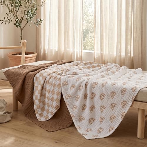Image of Muslin Swaddle Blankets for Newborn, 3 Pack Breathable Soft Receiving Blanket, Large 38 x 40 inches Swaddle Wrap Burping Clothes Diapers, Essentials Infant Shower Items, Toddler Gift (Rainbow & Grid)