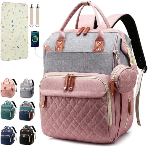 Image of SHITIESHOU Diaper Bag Backpack Baby Bag, Baby Girl Boy Diaper Bag for Dad Mom with Pad, 16 Pockets, Pacifier Case, Large Diaper Bags Unisex for Travel(Pink Grey)