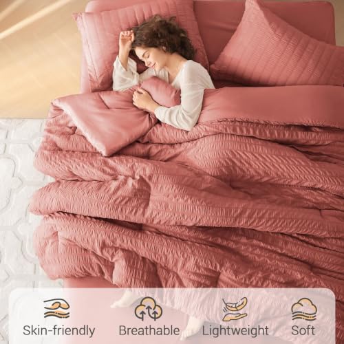 Image of MUXHOMO 7 Pieces Full Comforter Set, Seersucker Bed in a Bag Full Size, All Season Luxury Bedding Set with Comforter, Flat Sheet, Fitted Sheet, Pillowcases & Shams, Coral
