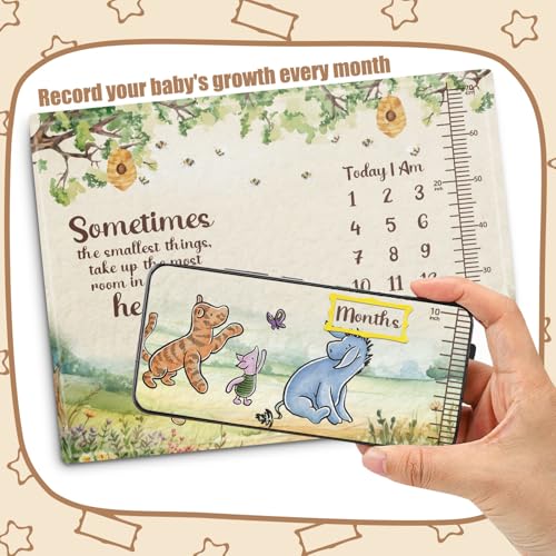 Image of the Pooh Baby Monthly Milestone Blanket, Winnie Monthly Blanket Growth Chart, Winnie Quotes Decor with Double-Sided Printed Cardstock(16 Unforgettable Moments of Babies) 30 * 40in