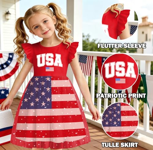 Image of Girls 4th of July Dress American Patriotic Outfit USA Independence Day Clothes Flutter Sleeve Tulle Tutu Dress 5-14y