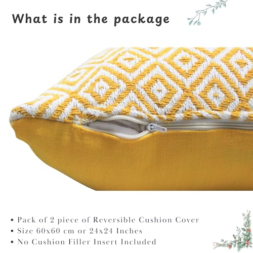 Image of Reversible 24x24 Inch Yellow Cotton Argyle Woven Pack of 2 Fashion Throw Pillow Covers Cases for Couch Sofa Home Decoration | 60 x 60 cm