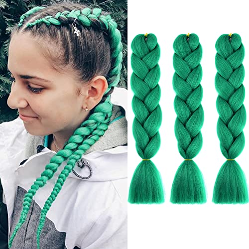 Green Braiding Hair Jumbo Braids Hair Extensions Colored Braid Hair Synthetic Braid Hair Light Blue Braiding Hair For Braiding (24 Inch 3Pcs/Lot, Solid Green) #TOP2