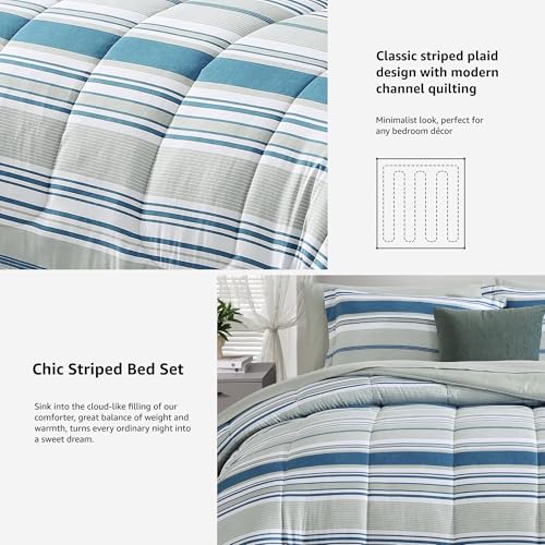 Image of Monbix Full Size Comforter Set - 7 Pieces Bed in a Bag Full, Blue-Stripe Bedding Sets, All Seasons Comforter Bed Set with Sheets, Pillowcases & Shams