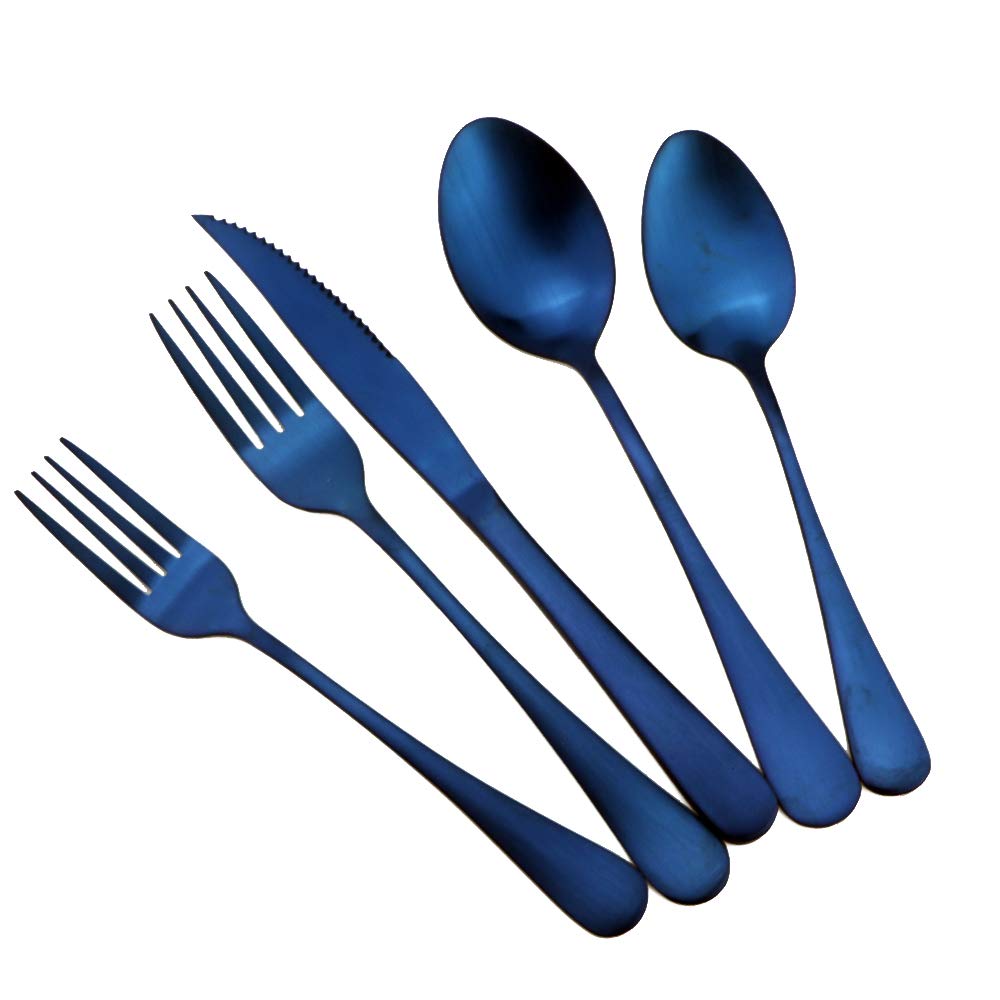 Blue Reusable Utensils with Case Camping Travel Silverware Set,Portable Stainless Steel Cutlery Set - Matte Flatware Set Knife Fork Spoon Mirror Straws Chopsticks - for Office Lunch, Hiking, School