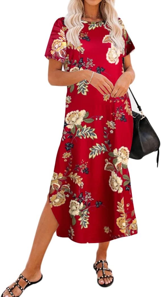 Naggoo Womens Short Sleeve Split Maxi Dress Casual Plain Tie Dye Print Tshirt Long Dresses with Pockets