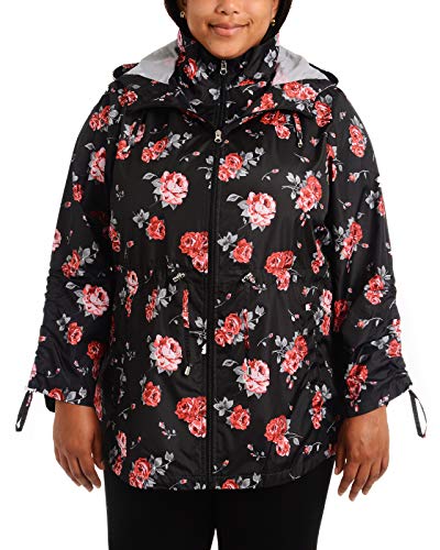 INTL d.e.t.a.i.l.s Women's Plus Size Packable Anorak Jacket, Black/Chianti Rose, 1X