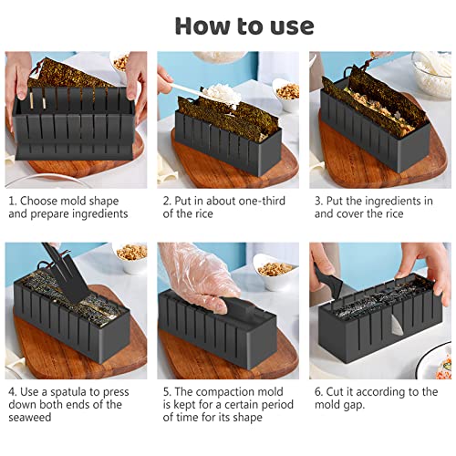 SKYSER Sushi Maker set, 20 Artikel Kit für Anfänger zum selber machen, Kann als Sushiteller verwendet werden mit Reis Roll Formen, Gabel, Messer, Rolling Matte, Stäbchen, Komplett(Schwarz) 6