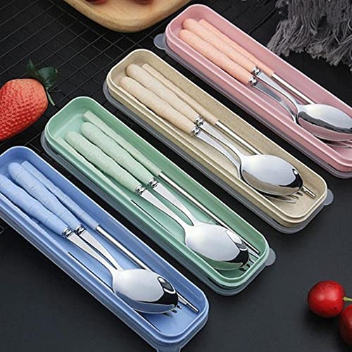 Image of Favria 3 Piece Stainless Steel Spoon,Fork and Chopstick Portable Travel Spoon Box Anti Slip Cutlery Set for Office Lunch Box,Travel, School,Picnics,Camping and Outdoor Home Utensil Set (Beige)