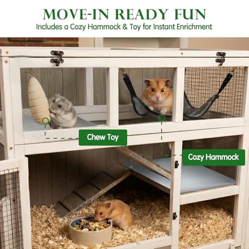 Guinea Pig Cages Indoor, 3-Story Wooden Guinea Pig Cages with Pull-Out Tray, Flip-Open Roof & Habitat, Rabbit Hutch Cage with Stand, Ramp, Cozy Hammock