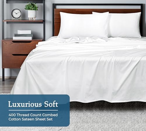 ROYALE LINENS 400 Thread Count 100% American Grown Cotton 4 Piece Sateen Full Sheet Set - 1 Fitted Sheet, 1 Flat Sheet, 2 Pillow case - White Full Bedsheet - Cotton Sheets - (Full, Signature White) - Thumbnail 5