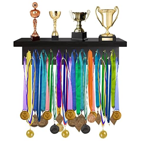 DSVENROLY Medal Holder Display Trophy Shelf Organize, Sturdy Wooden Medal Trophy Hanger Rack with 25 Steel Hooks, Wall Mount Medal Hanger for Race Medals Trophies Easy to Install (Black- 1Pc) Cover