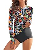 WOWENY Women Rash Guard Long Sleeve Swim Shirts UPF 50 Sun Protection Swimsuit Top Bathing Suit No Bottom(A-Blue | Colorful Floral, Medium)