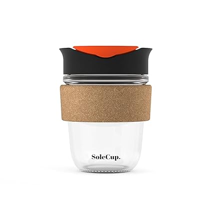 SoleCup - Reusable Glass Coffee Cup with Lid 12oz/340ml - Travel Mug with Cork Band (Black)