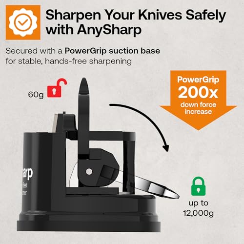 Image of AnySharp Knife Sharpener, Handsfree Safety, PowerGrip Suction, Safe Sharpening of All Kitchen Knives, Ideal for Hardened Steel & Cartel, Compact, Black