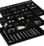 ProCase Schmucktabletts Organizer, 3-teiliges Set Schmuckeinsatz für Schubladen, Schmucktablett Stapelbar Schmuck Organizer Schublade für Ohrstecker, Ohrringe, Armbänder, Ringe, Uhren -Ganz Schwarz