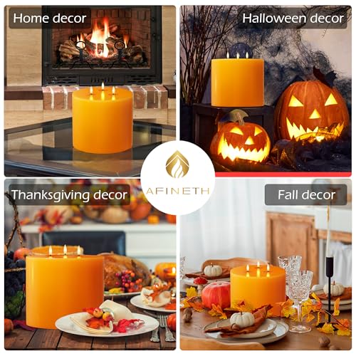 Image of Orange Extra Large Flameless Candles, 6 inchx6 inch Battery Operated Candles with Remote, Real Wax Flickering LED Candles with 3 Wicks for Fall, Thanksgiving, Harvest, Halloween Decor