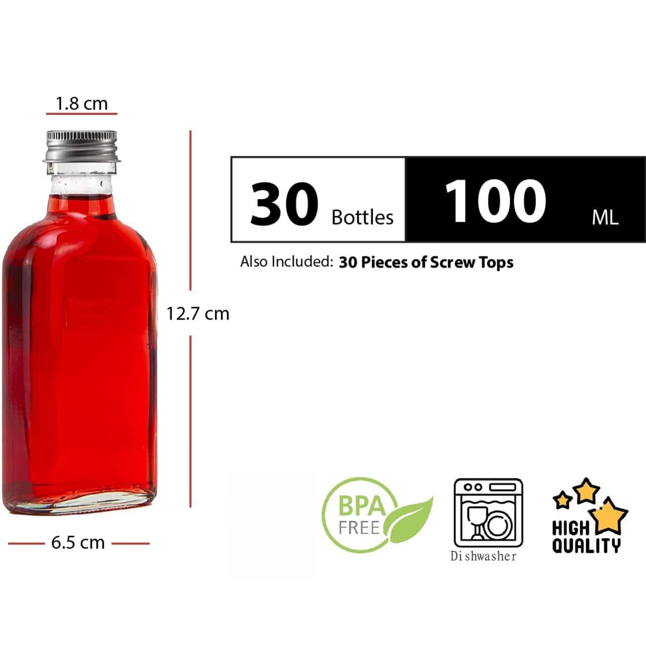 30 botellas de cristal vacías de 100 ml con tapón de rosca, 100 ml, botella de vino, botella de licor, vinagre o aceite, botella para rellenar, 0,1 litros (30 x 100 ml)