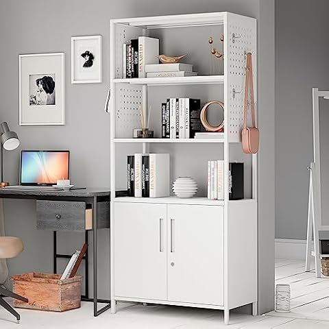Yizosh 5-Tier Bookshelf, Tall Bookcase with Doors, Modern Display Cabinet with Lock & Pegboard, Metal Storage Organizer Shelves for Living Room, Bedroom, Home Office (White) Cover