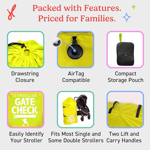 Image of J.L. Childress Gate Check Bag for Single & Some Double Strollers - Travel Bag for Airplane, Fits Most Standard Baby Strollers, Airport Accessories Gate Check, Flying Essentials - Neon Yellow