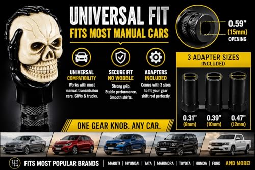 Image of SUKICHI Skull Design Car Gear Knob | Universal Manual Gear Shift Knob for Cars | Skull Shifter Stick | Premium Interior Styling Accessory | Includes Adapters (Skull, Black & Ivory)