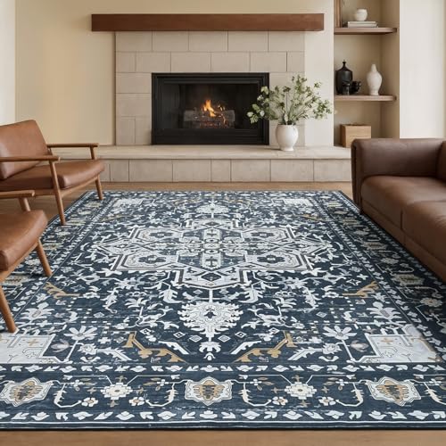 Rugflix 8x10 Area Rugs for Living Room, Washable Navy Blue Large Rug