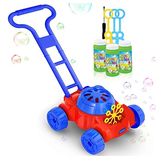 BUBBART Bubble Lawn Mower Automatic Bubble Machine For Kids Outdoor Toy For Toddlers [ 2020 Newest ] Lot of Fun for your Kids Included 3 Bottle Of Bubble Solution and 3 Blowers Sticks Color Blue & Red