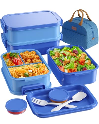 Set With Thermo Bag, 74oz Stackable Leak-proof 3-tiers Bento Box, Built-in Utensil And Sauce Container For Work, School, Dining Out (blue)