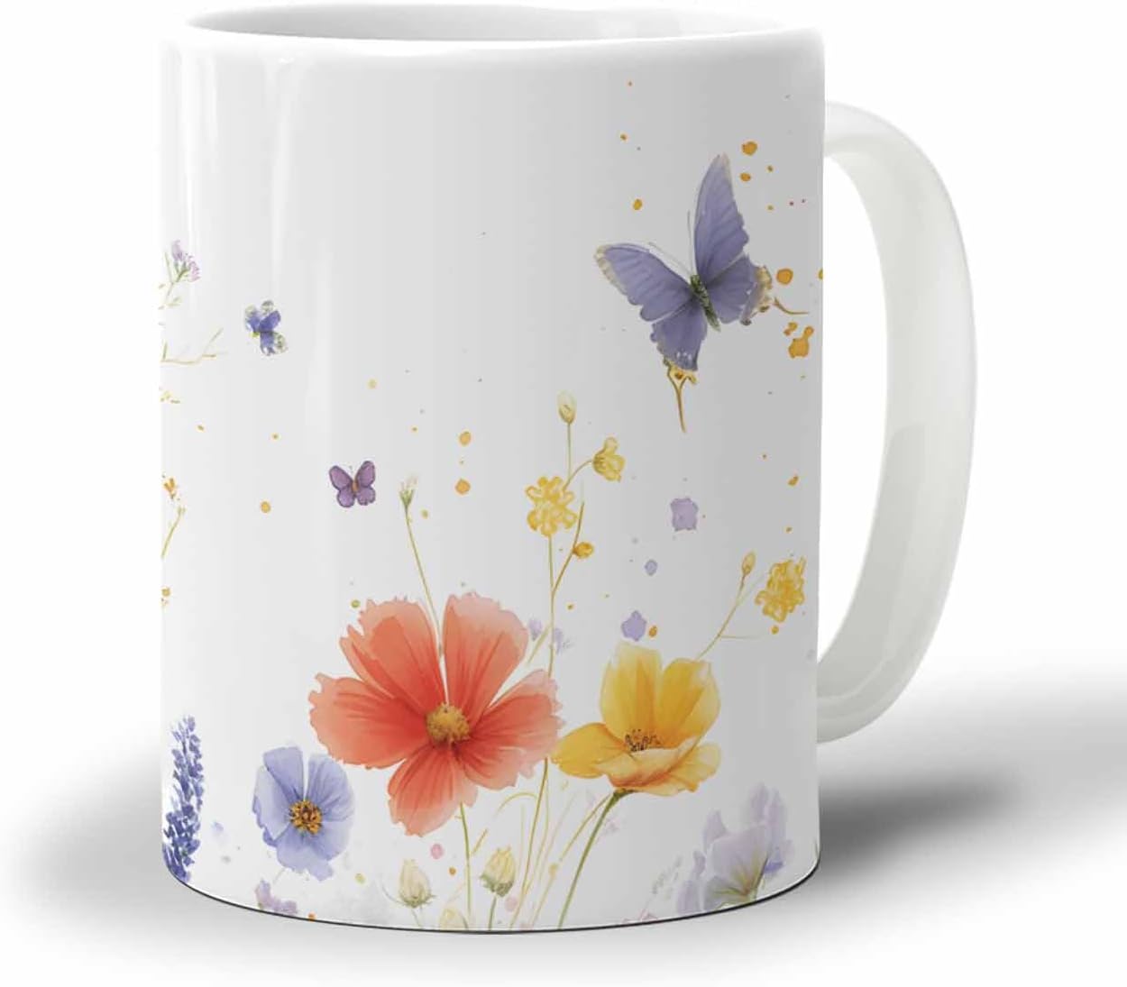 BEMIGO Ceramic Coffee Mug Colorful Flower Field Ceramic Mug White Cup, Spring Butterfly Insulated Coffee Cup with Handle with Pattern Perfect for Tea and Hot Beverages, 12oz