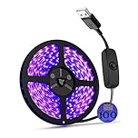 UV Light Strip USB UV Black Light Strip DC5V 390nm-400nm 6.56FT/2M SMD 3528 120LEDs IP65 Waterproof Super Bright LED Strip Lights, for Fluorescent Dance Party Body Paint Stage Lighting (USB+Switch)