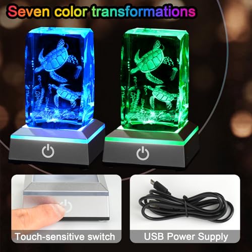 Image of 3D Crystal Night Light with Multicolor LED Base Glass Laser Engraved Sea Turtle Figurines Lamp Gifts for Boys Girls Lovers Birthday Christmas Room Decor