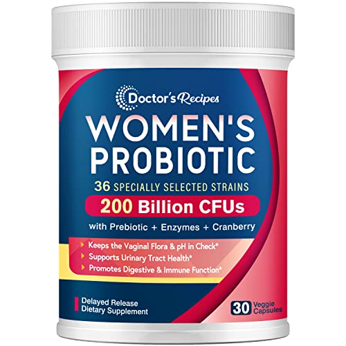 Doctor's Recipes Probiotics for Women, 200 Billion CFU 36 Strains, with Prebiotic, Enzymes & Cranberry, Vaginal Urinary Digestive & Immune, Shelf Stable, Delayed Release, Ultra High Potency, 30 Caps