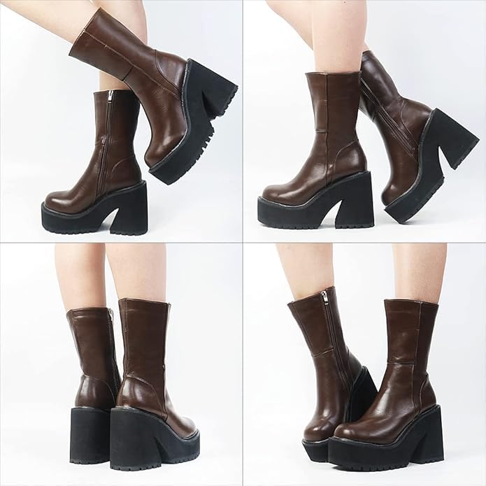 Image of Goiphrri Ankle Boots for Women Chunky Heel Platform Boots Fashion Work Combat Booties Round Toe Punk Boot Party Rave Booties for Women
