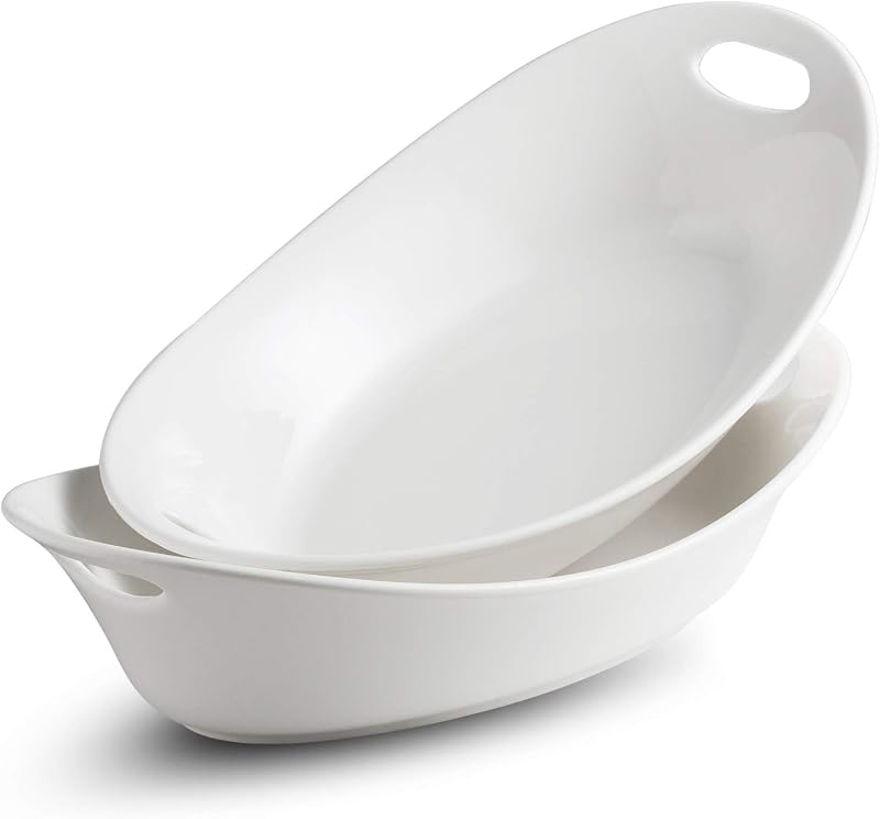 Cuenco grande para servir con asas, plato ovalado para servir, juego de 2 | Platos para servir Acción de Gracias para entretenimiento, juego de ensaladeras de cerámica, 1.5 cuartos, blanco, apto para microondas y horno
