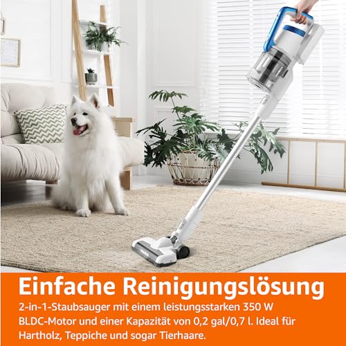 Amazon Basics Akku-Staubsauger, 2-in-1-Gerät, mit BLDC-Motor, 350 W, 0,7 l, Weiß und Blau 5