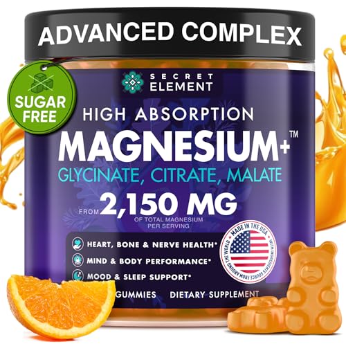 Magnesium Glycinate 2150MG Gummies for Women and Men, High Absorption Magnesium Glycinate, Citrate, Malate Gummies for Adults & Kids, Sleep Support, Sugar Free, Vegan, 60 Chews, Orange