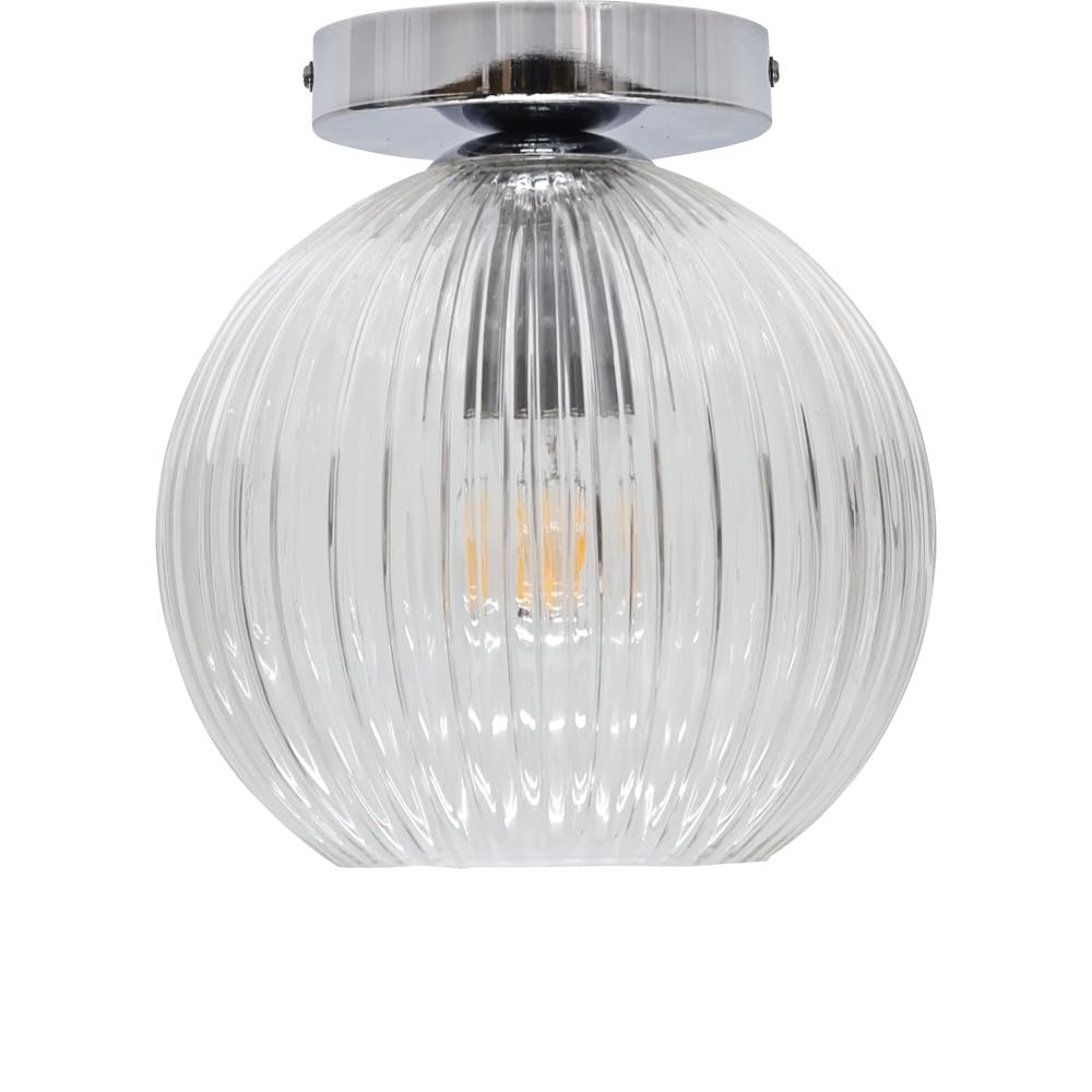 Firstchoicelighting Chrome & Clear Betchley - Clear Ribbed Glass Globe Chrome Ceiling Light Fitting