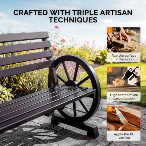Image of VINGLI Rustic Wooden Wheel Bench Outdoor Bench, Patio Bench Wagon Slatted Seat, Garden Benches for Outdoors 350lbs High Capacity, Weather Resistance (Black, 41in)