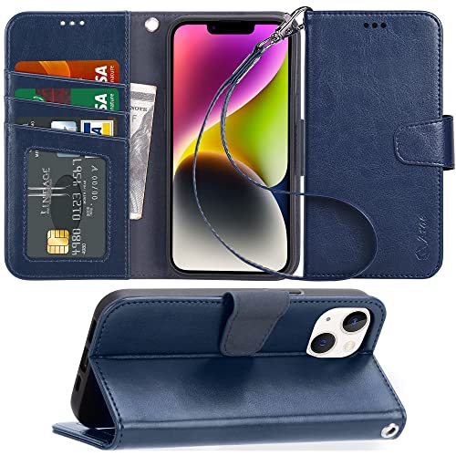 Arae Compatible with iPhone 14 Wallet Case with Card Holder and Wrist Strap Wallet Flip Cover for iPhone 14 6.1inch, Blue