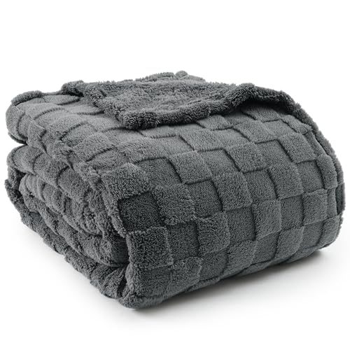 David's Home Fleece Blanket King Size, Lightweight Soft Checkered Jacquard Flannel Blanket for Fall Winter, No Shedding, No Pilling, Fuzzy Cozy Blanket for Aesthetic Room Decor，Dark Grey, 108 * 90"